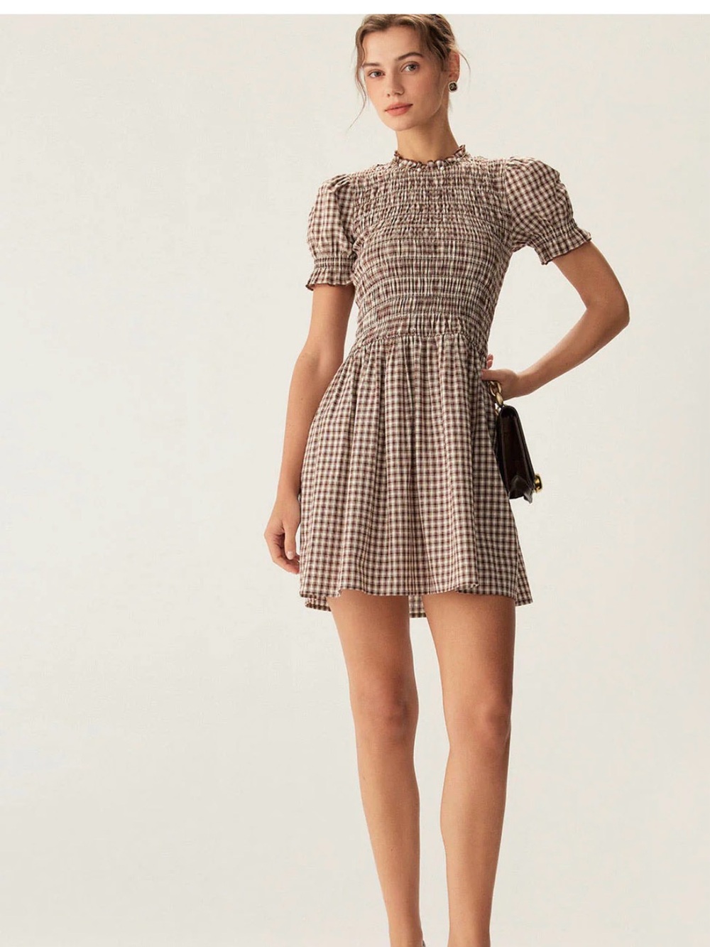 RIHOAS Brown Gingham Smocked Mini Dress with Puff Sleeves